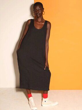 L.F. Markey Basic Linen Scoop Neck Tank Midi Shift Dress In Black Size US 2